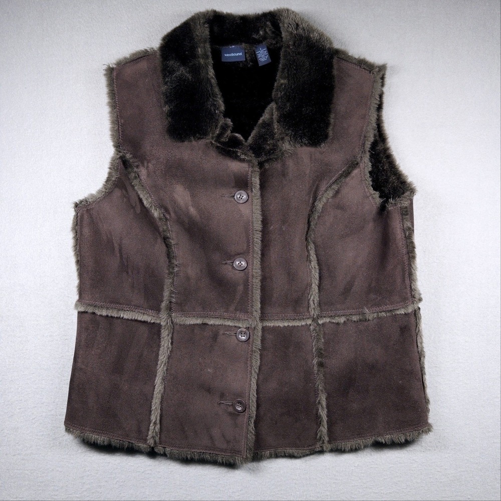 Westbound Faux Suede Fur Vest Womens L Brown Sherpa Lined Boho Chic - Picture 2 of 8